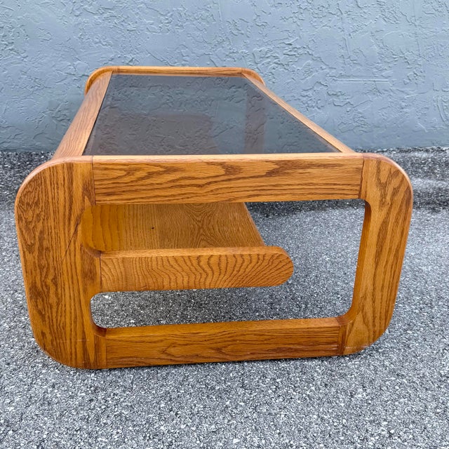 Lou Hodges Mid Century Modern Lou Hodges Oak Smoked Glass Coffee Table For Sale - Image 4 of 9