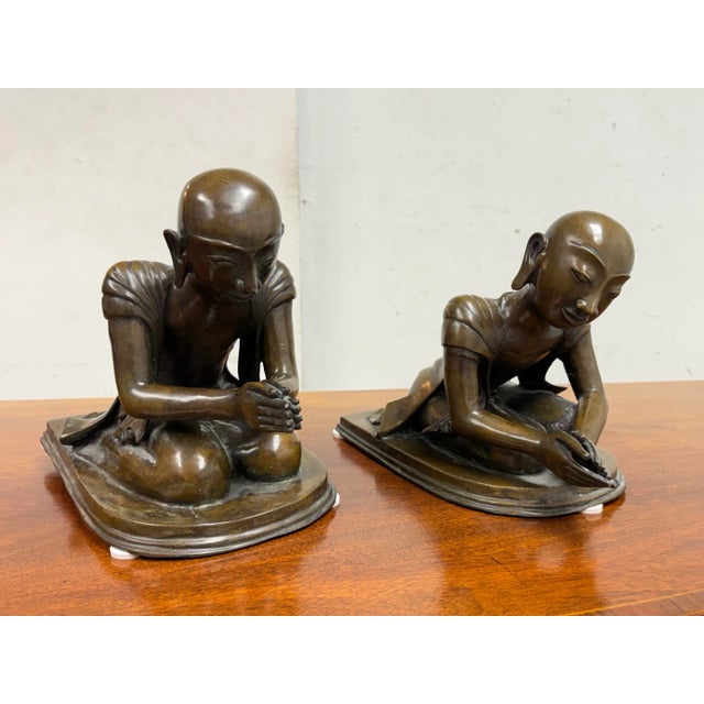 Tribal Mid 20th Century Bronze Burmese Monk Statues, Pair For Sale - Image 3 of 12