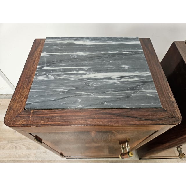Art Deco Bedside Tables in Walnut Burl with Marble Tops, 1930, Set of 2 For Sale - Image 6 of 18