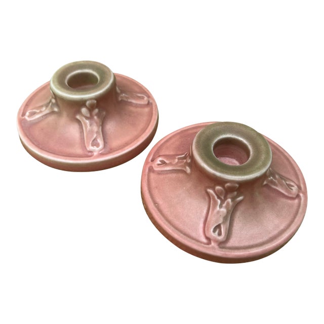 1919 Rookwood Pottery Pink Matte Candlestick Holders – Shape 2472- a Pair For Sale