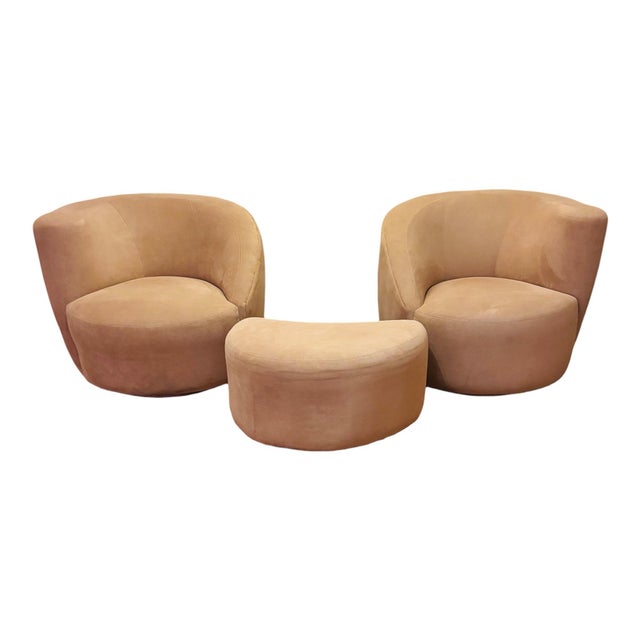 Abstract Pair of Vladimir Kagan Swivel Chairs With Crescent Ottoman in Blush Microsuede For Sale - Image 3 of 8