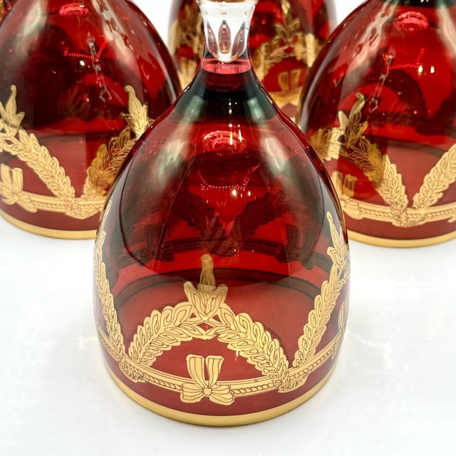 Vintage Italian Ruby Red Crystal Wine Goblets with 24k Gold Neoclassical Garlands by Interglass, 1980s, Set of 6 For Sale - Image 16 of 18
