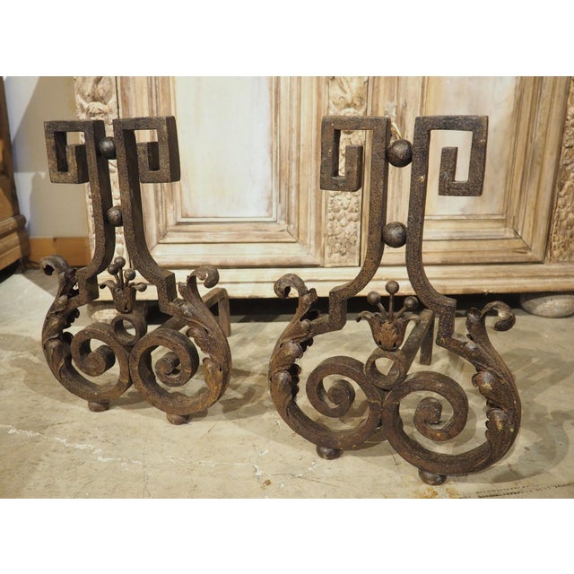 Pair of Decorative French 1940s Wrought Iron and Tole Fireplace Chenets For Sale - Image 10 of 18