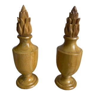 1970s Pair of Handcrafted Turned Wood Urns With Hand-Carved Flame Finials, Sculptural Organic Modern Decorative Objects For Sale