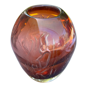 1980s Iridescent Sparkle Air Trap Bubble Vein Art Glass 6.5" Vase Signed '80
