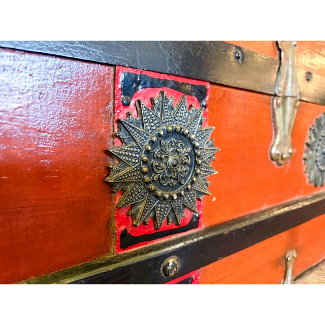 Wood Flat Top Antique Cedar Trunk With Brass Hardware For Sale - Image 7 of 10