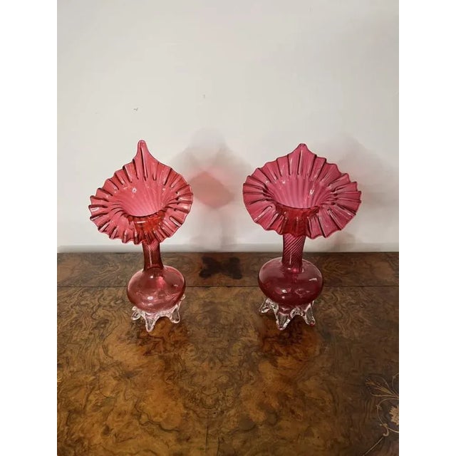Victorian Cranberry Glass Jack in the Pulpit Vases, 1860s, Set of 2 For Sale - Image 4 of 6