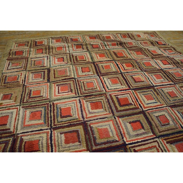 Early 20th Century 1920s Multicolor Diamond Folk Art Antique American Hooked Rug 4' X 7' Hand Knotted Wool Carpet For Sale - Image 5 of 12