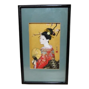 Signed Japanese Oshi-E Silk Brocade Framed Bijin-Ga Lady Hakata Okiage Wall Decor