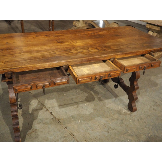 A 1900s Spanish Library Table Desk With Iron Stretchers, Shallow Frieze Drawers For Sale - Image 15 of 18