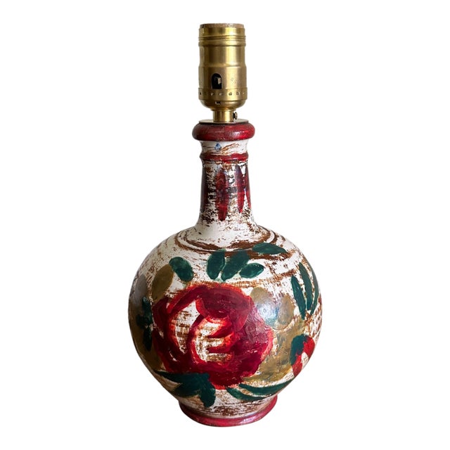 Vintage Small Ceramic Hand Painted Rose Floral Lamp For Sale