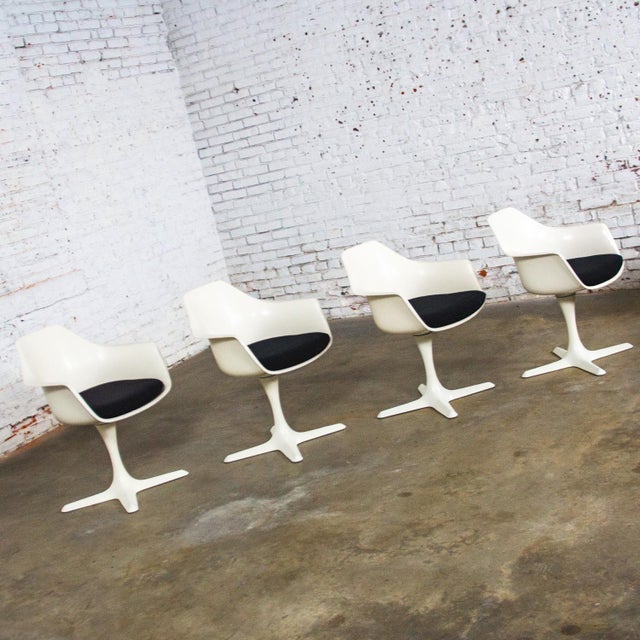 Mid-20th Century Mid Century Modern Burke Tulip Swivel No 116 Armchairs White Shell Black Cushions Set of 4 For Sale - Image 15 of 18