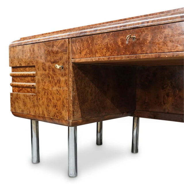 Wood 1930s Large Art Deco Desk Amboyna Writing Desk Chrome Legs For Sale - Image 7 of 15