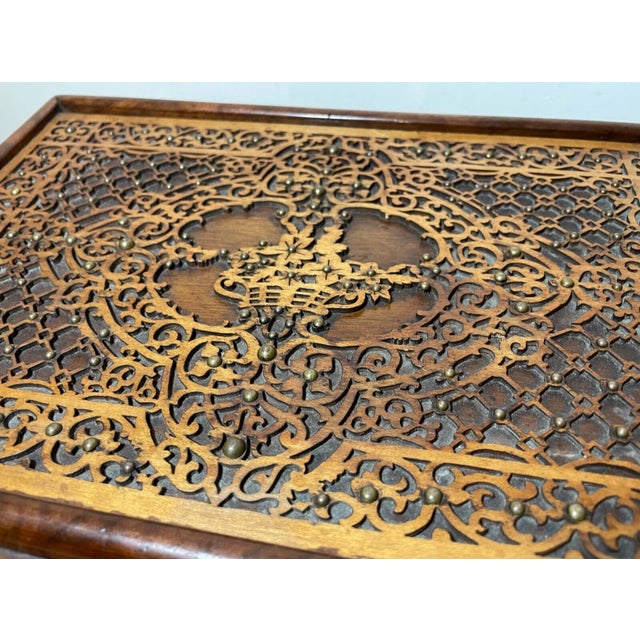 High Quality 1800's Antique Handmade Carved Wood Ornate Brass Jewelry Box Casket For Sale - Image 14 of 16