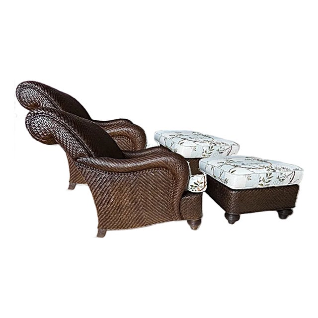 A Pair, Hickory Chair Lounge Chairs and Ottomans by Mark Hampton, Custom Upholstered in Colefax & Fowler For Sale