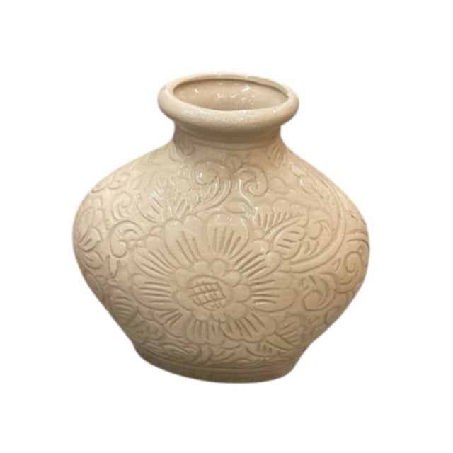 Cream Vintage Cream Ceramic Floral Relief Vase For Sale - Image 8 of 12