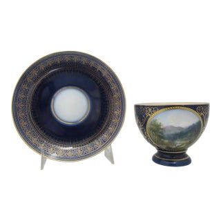 Carl Knoll Karlsbad Hermann Voigt Landscape Painting Blue Porcelain Cup & Saucer For Sale