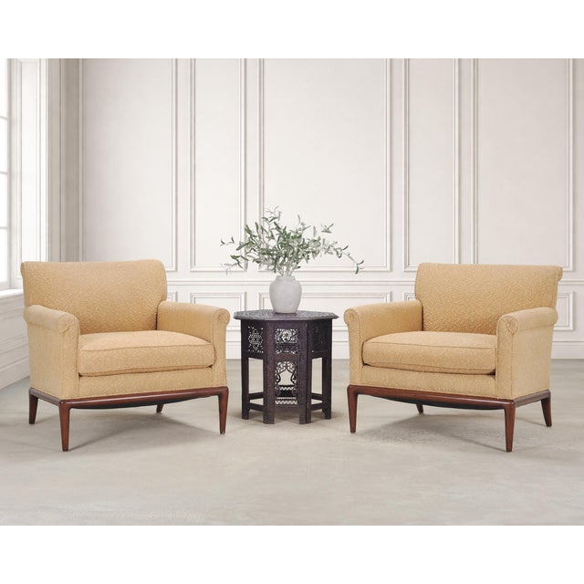 A handsome pair of bespoke upholstered lounge armchairs model "No. 600.1" designed by A. Rudin, Los Angeles, CA. The...