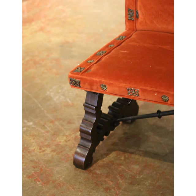 Orange 19th Century Spanish Renaissance Walnut and Velvet Three-Seat Bench For Sale - Image 8 of 12