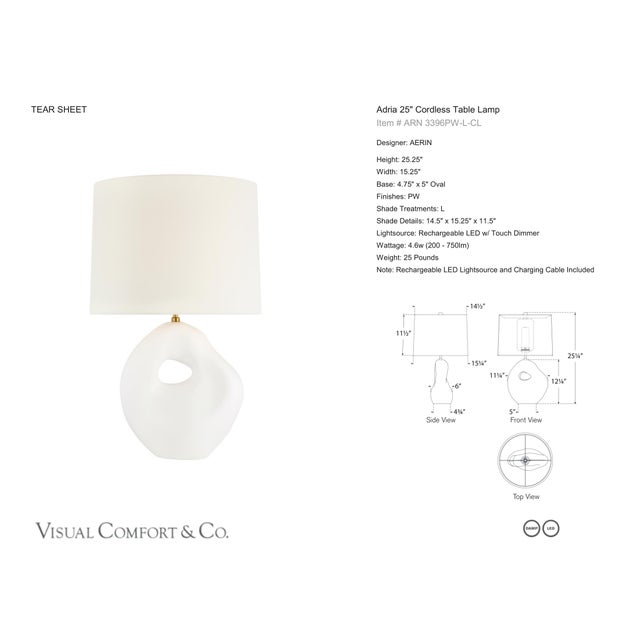 AERIN by Visual Comfort Signature Adria 25" Cordless Table Lamp in Plaster White with Linen Shade Designer: AERIN Height:...