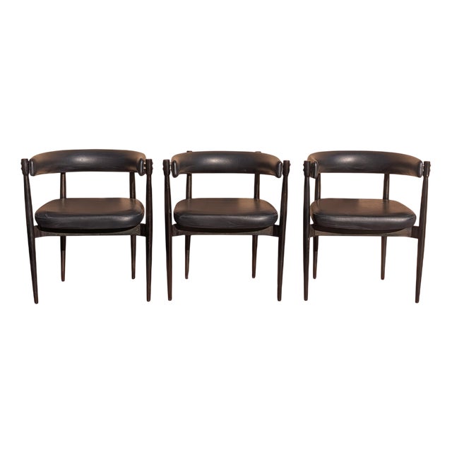 Vintage Chairs in Wood and Black Imitation Leather, 1960s, Set of 3 For Sale