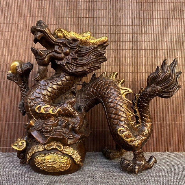 Late 20th Century Late 20th Century Gilt Bronze Dragon on Treasure Basin Sculpture For Sale - Image 5 of 9
