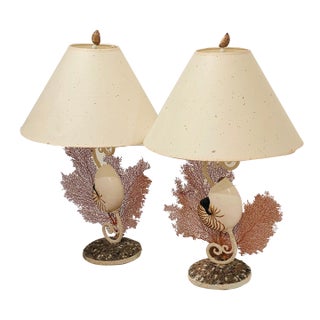 1960s Impressive Coastal Pair Sea Shell W Sea Fans Lamps For Sale