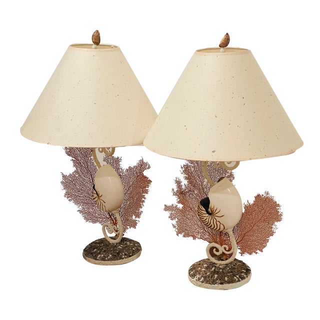 1960s Impressive Coastal Pair Sea Shell W Sea Fans Lamps For Sale