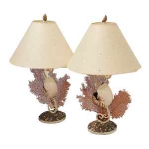 1960s Impressive Coastal Pair Sea Shell W Sea Fans Lamps