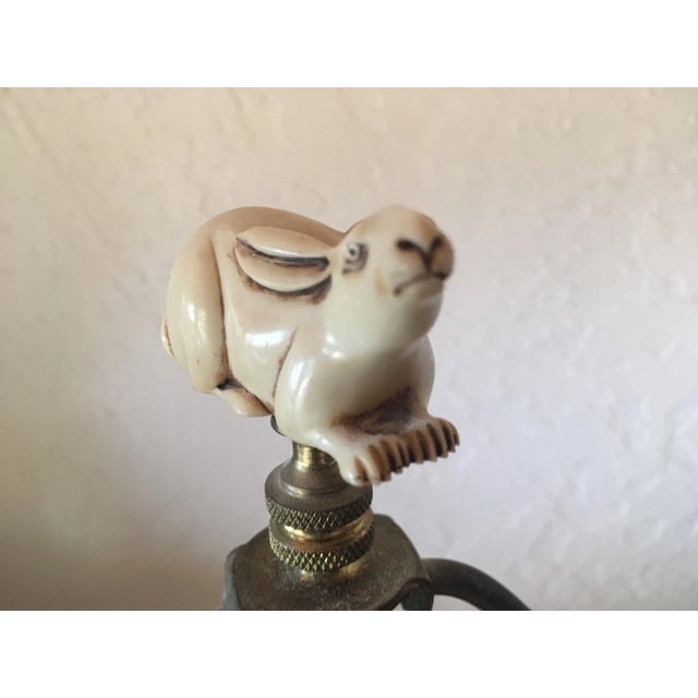 Ceramic 1930's Gilt Gold & Antique Cream Decorated Ceramic Lamps Adorned With Handcarved Elephant & Rabbit Flinlilies For Sale - Image 7 of 13