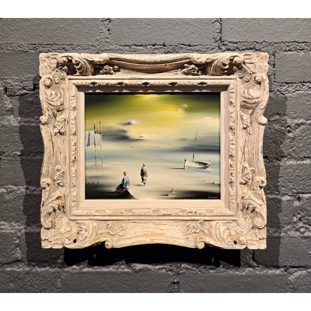 American Robert Watson-Human Figures on a Surreal California Beach- Mid-Century Oil Painting For Sale - Image 3 of 11