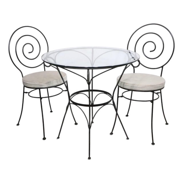 Late 20th Century 3 Pc. Wrought Iron Garden Patio Poolside Cafe Bistro Set For Sale