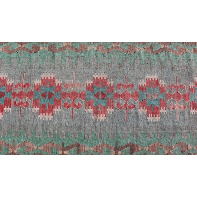 Gray Mid 20th Century Geometric Medallion Vintage Turkish Tribal Kilim Flat-Weave Runner For Sale - Image 8 of 12