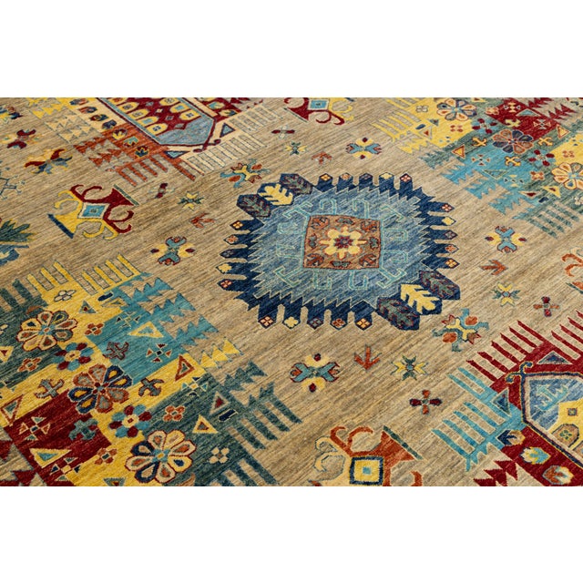 Kazak Style Hand-Knotted Wool Rug – Neutral Beige & Vibrant Multi-Color Tribal For Sale - Image 10 of 10