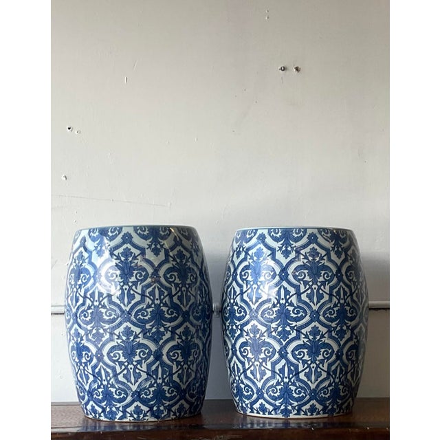 Vintage Coastal Blue and White Garden Stools - a Pair | Chairish