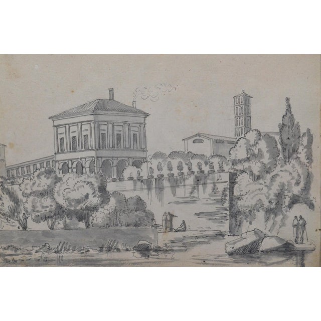 Grand Tour Early 19th Century Constant Bourgeois Du Castelet (1767–1841) Pair of Ink Wash Drawings — Views of Palaces in the Roman Countryside For Sale - Image 3 of 17