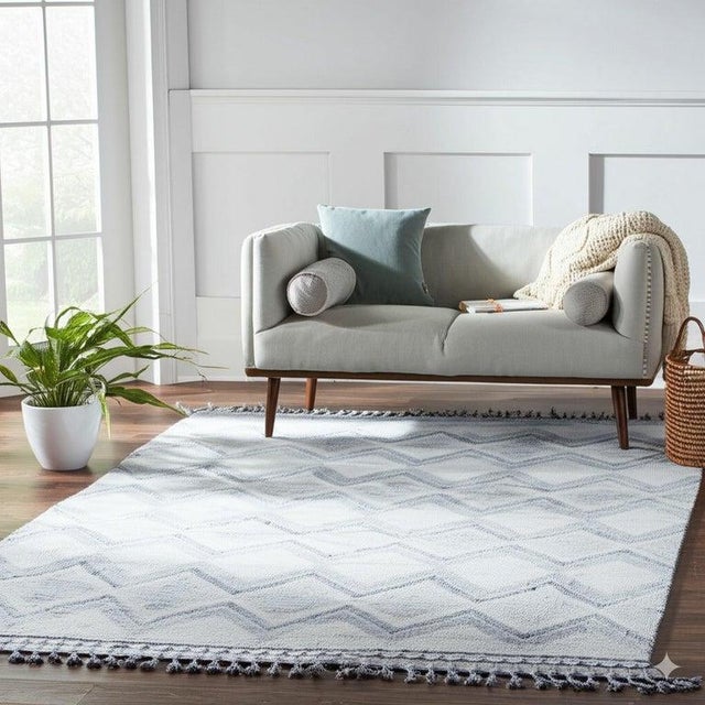 Ivory 8x11 Ivory Hand-Knotted Wool Layered Diamond Weave Geometric Modern Carpet Rug For Sale - Image 8 of 8