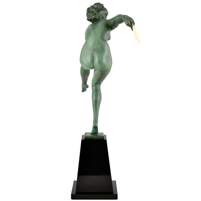 Art Deco Nude Disc Dancer in Metal on Marble Base by Andre Derenne and Marcel Bouraine, France, 1930s For Sale - Image 4 of 12