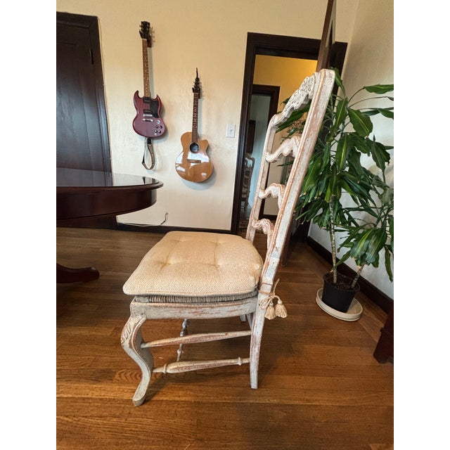 Antique White Vintage French Dining Chairs S/6 Ladder-Back Rush Seats Custom Pads For Sale - Image 8 of 12