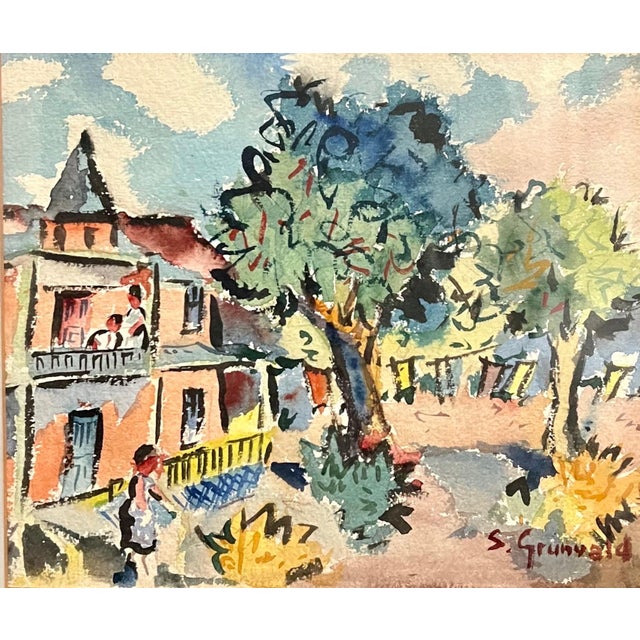 Paper Samuel Grunvald, 1940's Americana WPA Modernist Watercolor Painting Catskill Mountains Bungalow, c.1940s For Sale - Image 7 of 7