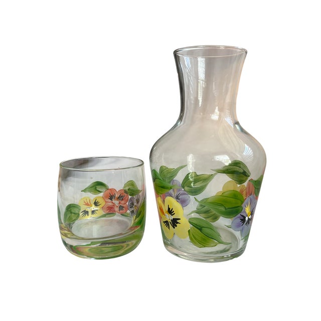 Shabby Chic Vintage Hand-Painted Glass Floral Pansy Bedside Water Carafe and Cup For Sale - Image 3 of 6
