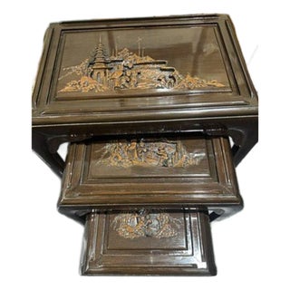 Vintage Engraved Nesting Tables Oriental Rose Wood Beautiful For Sale