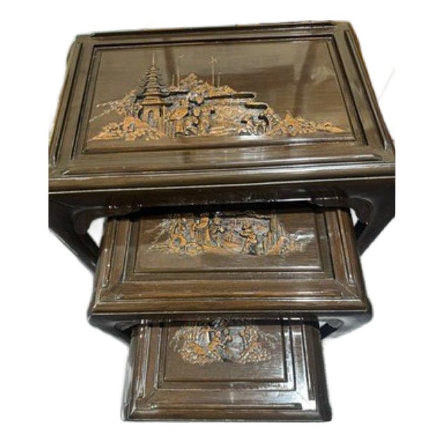 Vintage Engraved Nesting Tables Oriental Rose Wood Beautiful For Sale
