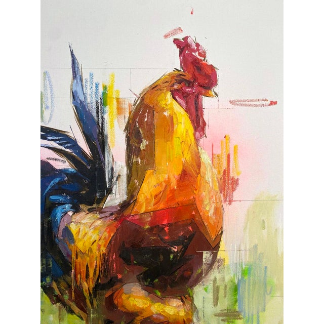 Contemporary Rooster by Conrado López | Acrylic, gold leaf, and oil on canvas of a colorful rooster For Sale - Image 3 of 4