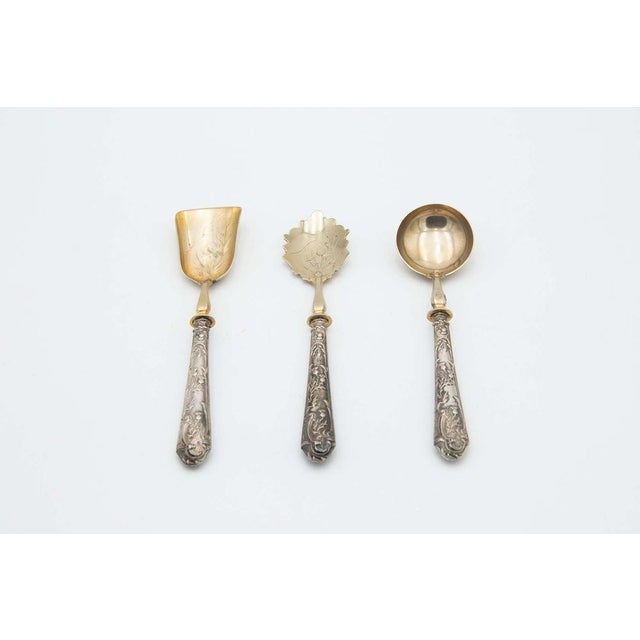 Set of Dessert Spoons with Embossed Silver Handles, Set of 3 For Sale - Image 4 of 4