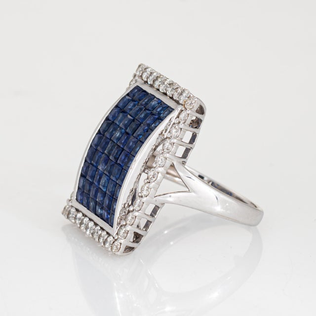 Invisible Set Sapphire Diamond Ring Large Square Cocktail 18k White Gold Sz 8 For Sale - Image 4 of 7