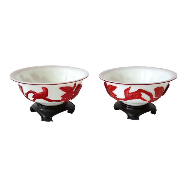 Pair of Antique Chinese Peking Glass Bowls With Carved Red Glass Overlay in the Style of Kangxi or Qing Dynasty. For Sale
