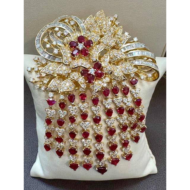 Vintage 18 Ct Diamond & 15 Ct Ruby Floral Broach 52.8 GM 18 Karat Yellow Gold For Sale - Image 17 of 18