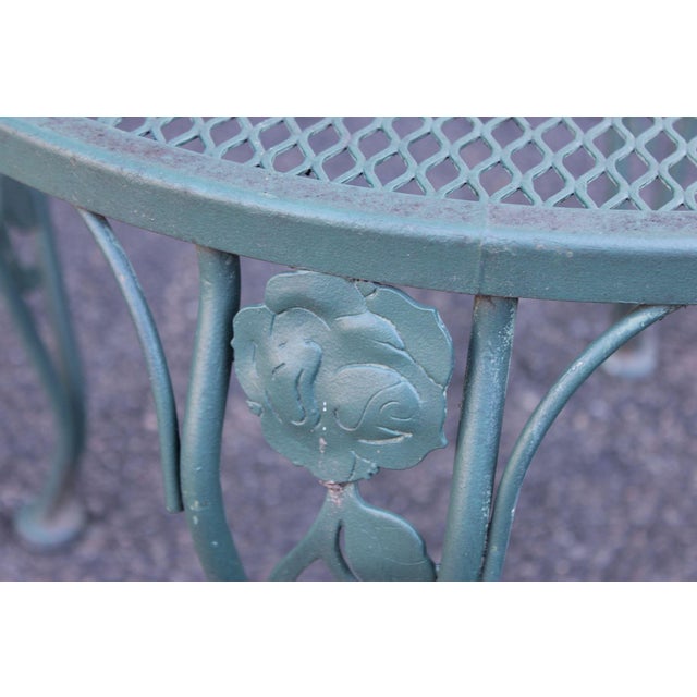 Green Wrought Iron Outdoor Round Mesh Top Patio Table With Floral Motif For Sale - Image 8 of 17