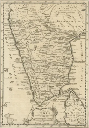 Antique Map of Southern India and Most of Ceylon, 1744